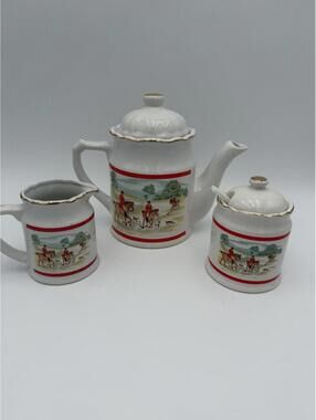 Vtg Fox Hunt Scene 3 Peace, Tea, Pot, Sugar, &  Creamer By CBK 1992 RARE